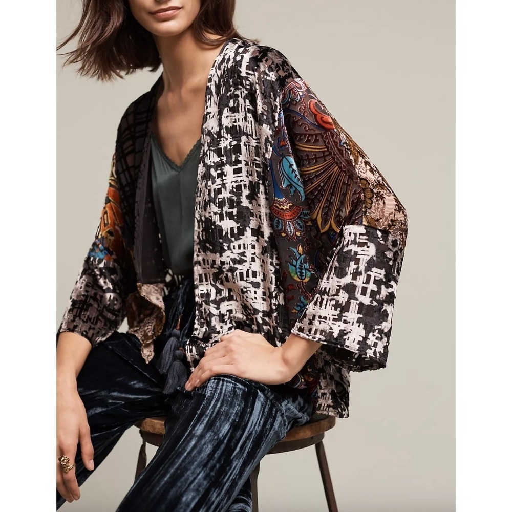 Anthropologie Floreat O/S Velvet Burnout Kimono Multicolor Patchwork Boho Artsy